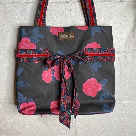 Matilda Jane Floral Heartstrings Tote Easy Clean Pink & Blue Roses - Picture 2 of 10